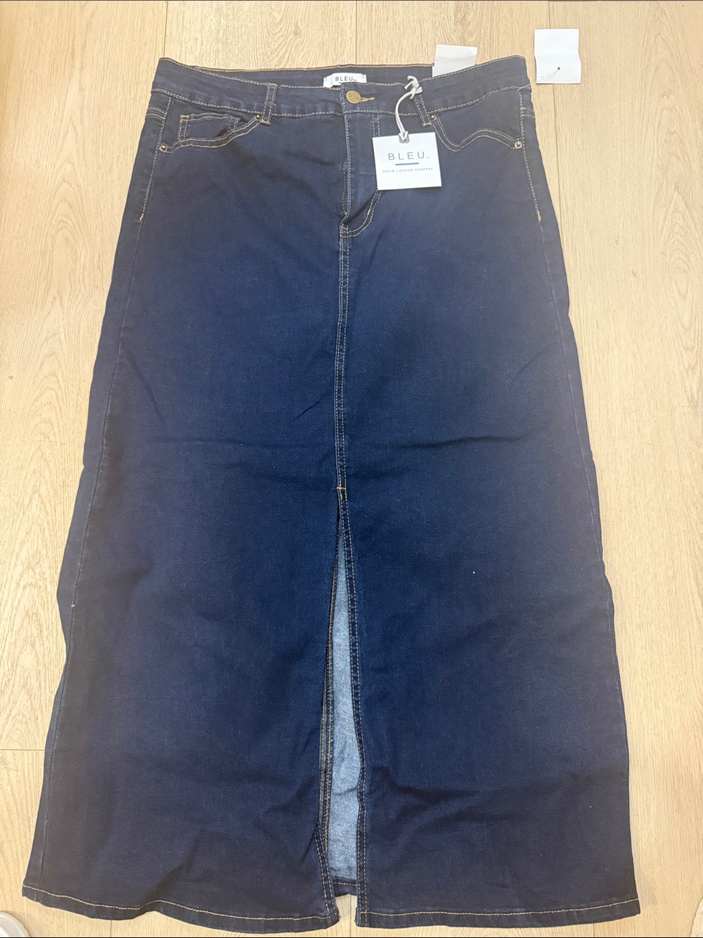 Dark Blue Midi Denim Skirt with Front Slit